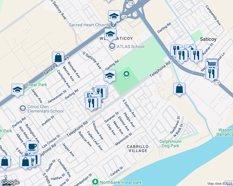 map of restaurants, bars, coffee shops, grocery stores, and more near 1107 South Saticoy Avenue in Ventura