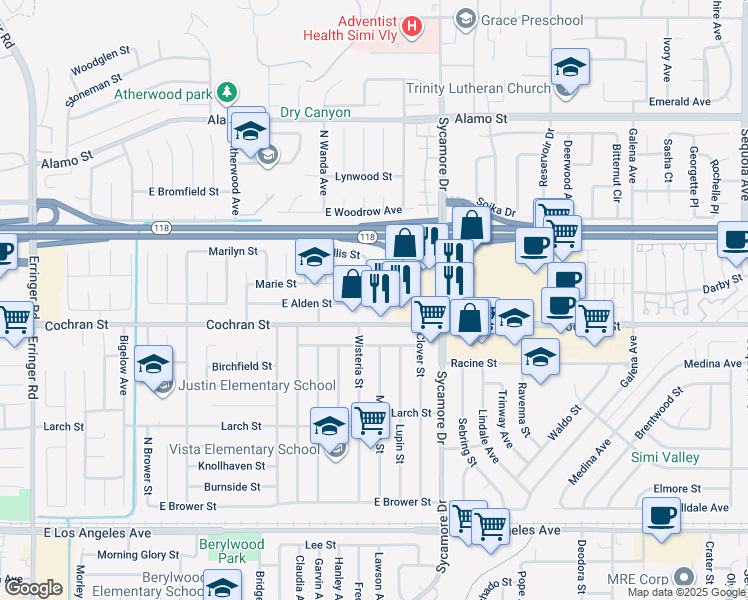 map of restaurants, bars, coffee shops, grocery stores, and more near 2442 North Alden Street in Simi Valley
