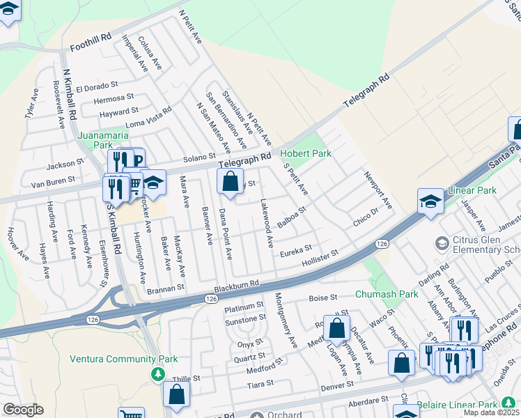 map of restaurants, bars, coffee shops, grocery stores, and more near 217 Lakewood Avenue in Ventura