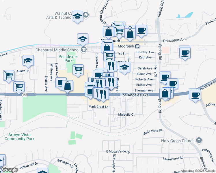 map of restaurants, bars, coffee shops, grocery stores, and more near 1 Los Angeles Avenue in Moorpark