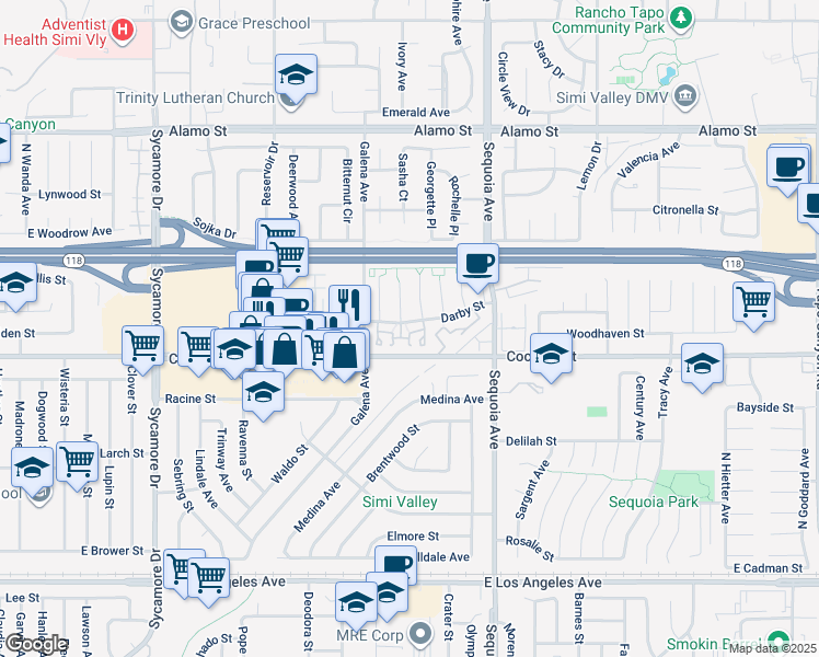 map of restaurants, bars, coffee shops, grocery stores, and more near 3234 Darby Street in Simi Valley