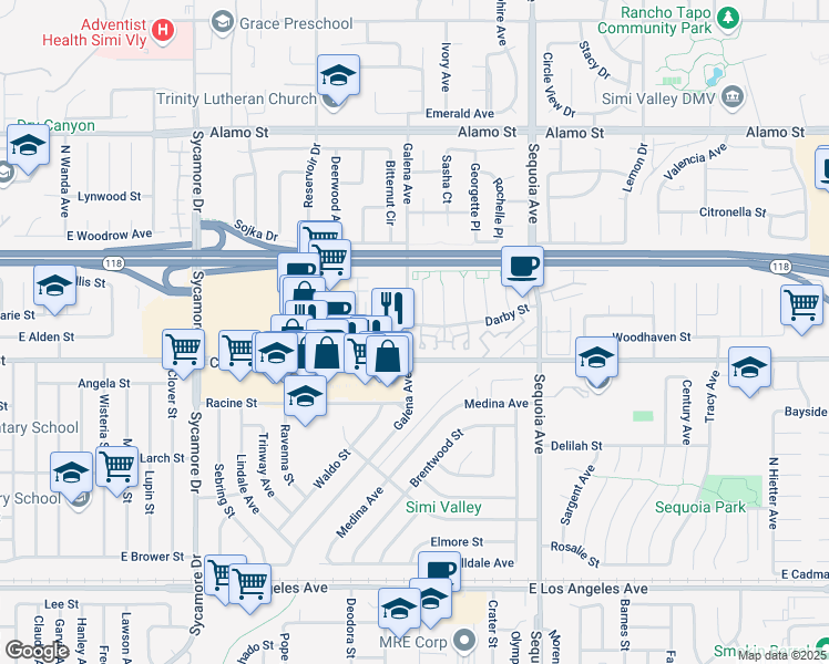 map of restaurants, bars, coffee shops, grocery stores, and more near 3168 Darby Street in Simi Valley