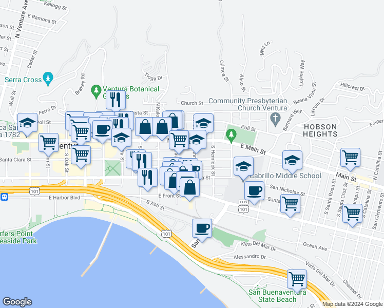 map of restaurants, bars, coffee shops, grocery stores, and more near 1058 East Santa Clara Street in Ventura