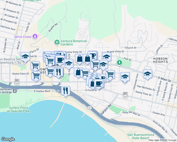 map of restaurants, bars, coffee shops, grocery stores, and more near 969 East Santa Clara Street in Ventura