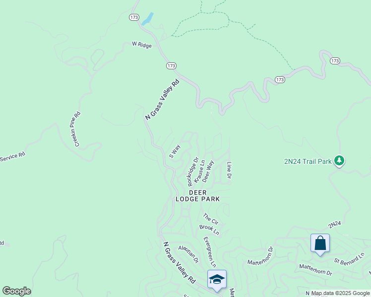 map of restaurants, bars, coffee shops, grocery stores, and more near Pinehurst Drive in Lake Arrowhead