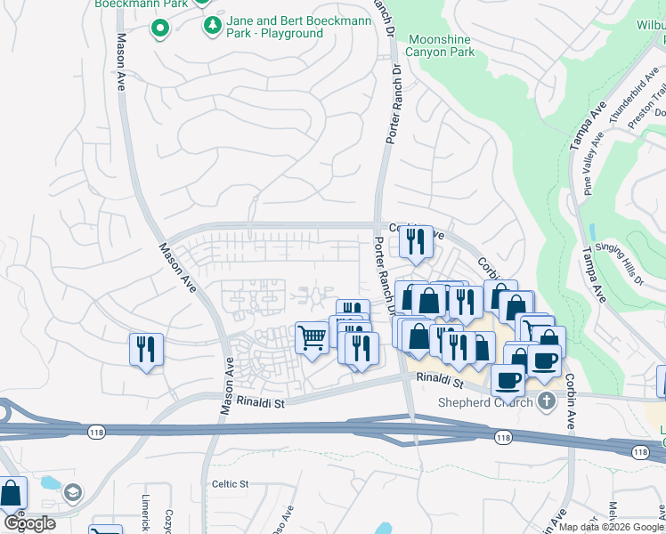 map of restaurants, bars, coffee shops, grocery stores, and more near 20042 Pienza Lane in Los Angeles