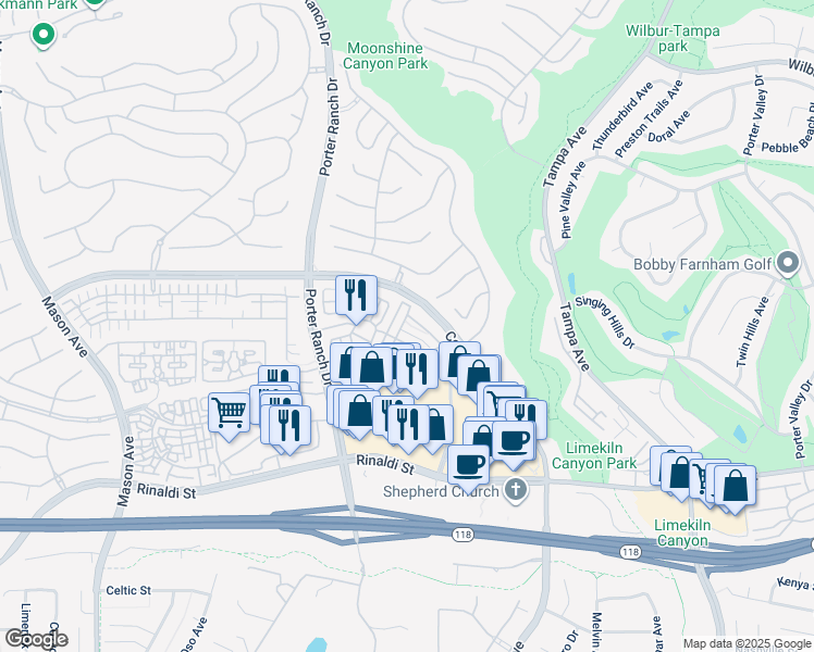 map of restaurants, bars, coffee shops, grocery stores, and more near 19812 Beringer Place in Los Angeles