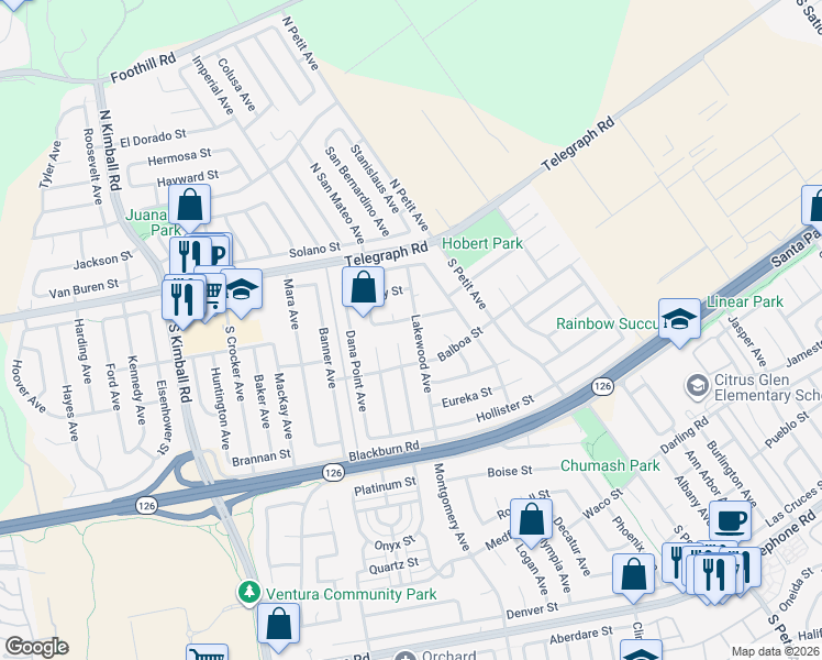 map of restaurants, bars, coffee shops, grocery stores, and more near 217 Lakewood Avenue in Ventura