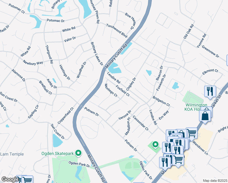 map of restaurants, bars, coffee shops, grocery stores, and more near 526 Montego Court in Wilmington