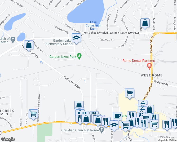 map of restaurants, bars, coffee shops, grocery stores, and more near 151 Melody Lane Northwest in Rome