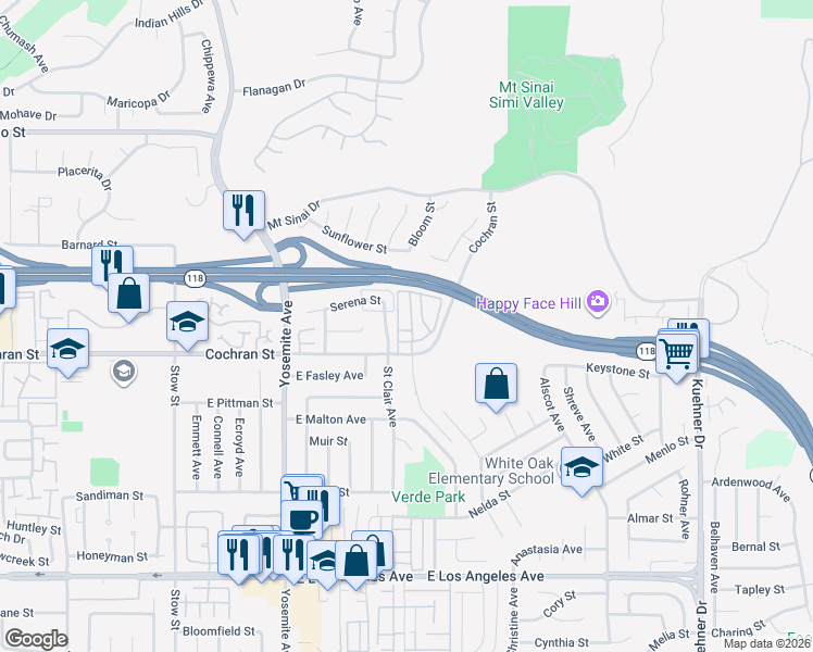 map of restaurants, bars, coffee shops, grocery stores, and more near 6029 Oldenberg Way in Simi Valley