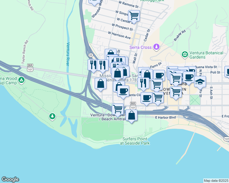 map of restaurants, bars, coffee shops, grocery stores, and more near 56 South Garden Street in Ventura
