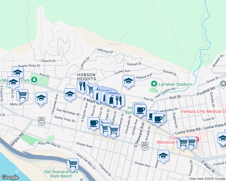 map of restaurants, bars, coffee shops, grocery stores, and more near 2020 Poli Street in Ventura