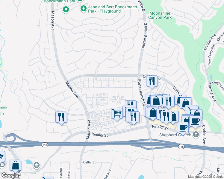 map of restaurants, bars, coffee shops, grocery stores, and more near 20262 Pienza Lane in Los Angeles