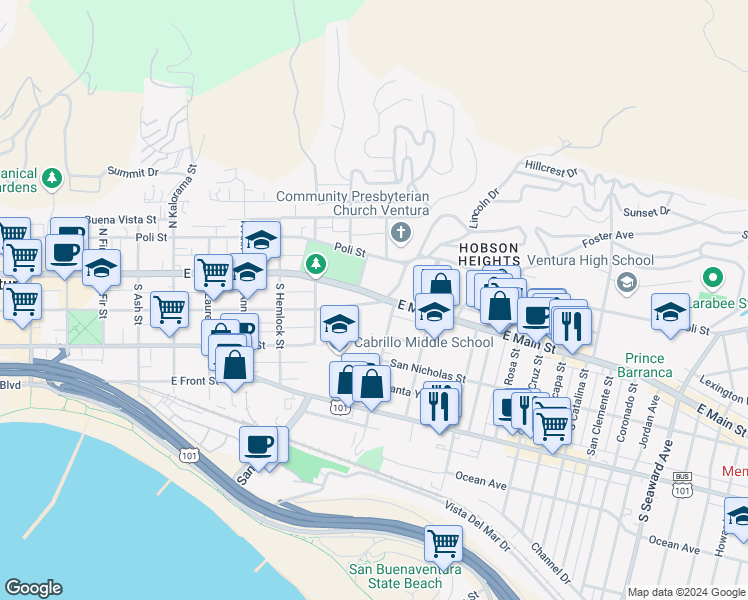 map of restaurants, bars, coffee shops, grocery stores, and more near 1418 East Main Street in Ventura
