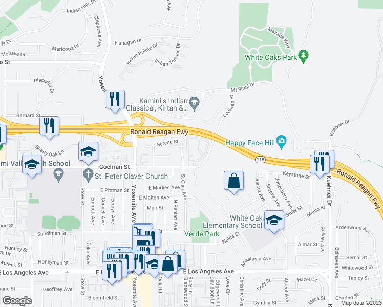 map of restaurants, bars, coffee shops, grocery stores, and more near 6029 Oldenberg Way in Simi Valley