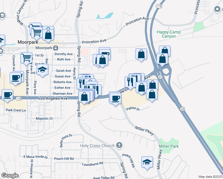 map of restaurants, bars, coffee shops, grocery stores, and more near 301 Science Drive in Moorpark