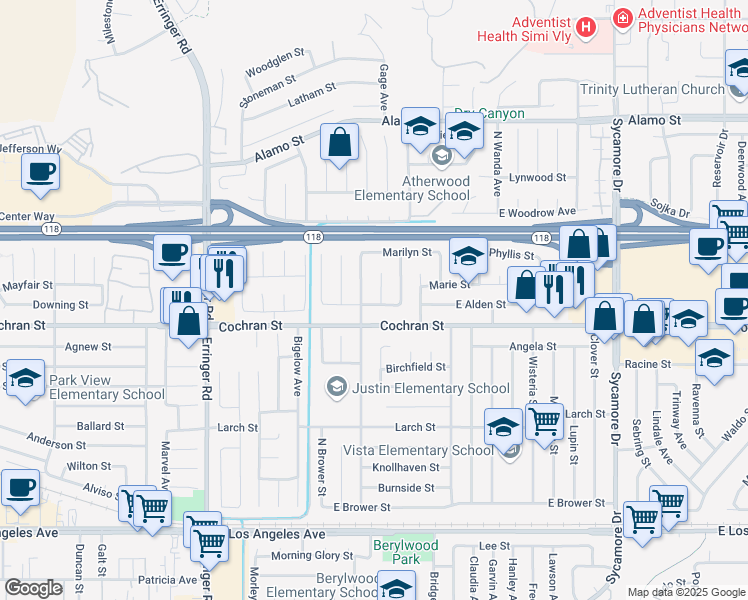 map of restaurants, bars, coffee shops, grocery stores, and more near 2421 North Verda Court in Simi Valley