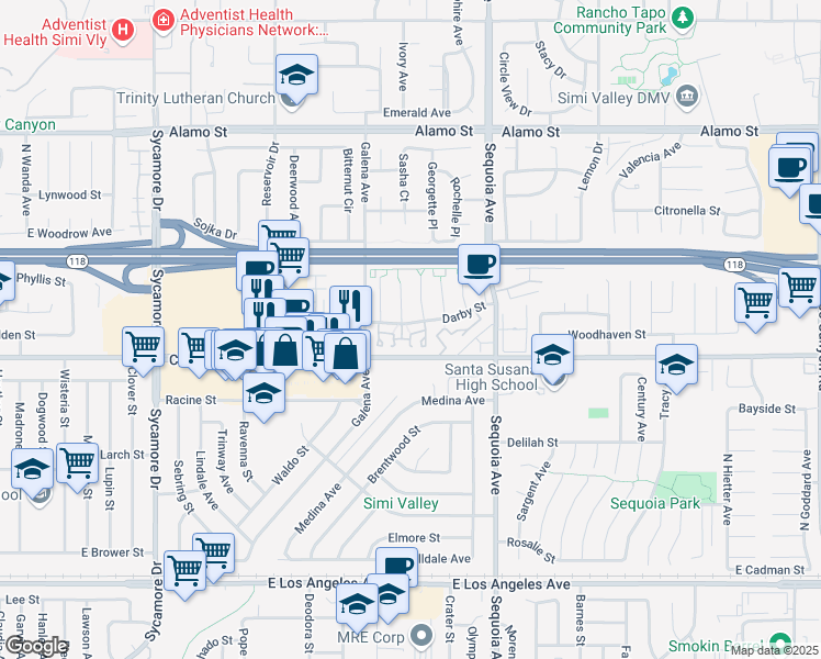 map of restaurants, bars, coffee shops, grocery stores, and more near 3246 Darby Street in Simi Valley