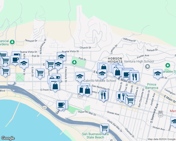 map of restaurants, bars, coffee shops, grocery stores, and more near 1418 East Main Street in Ventura