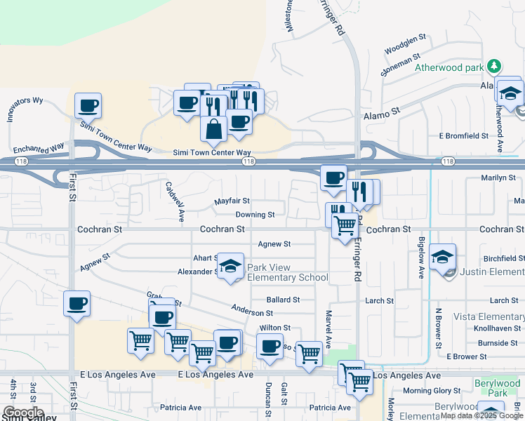 map of restaurants, bars, coffee shops, grocery stores, and more near 1637 Downing Street in Simi Valley