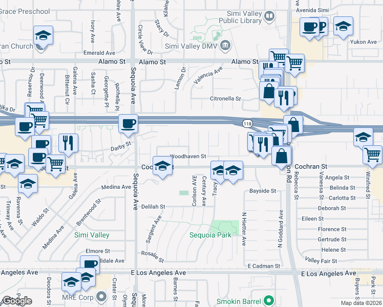 map of restaurants, bars, coffee shops, grocery stores, and more near 3607 Woodhaven Street in Simi Valley