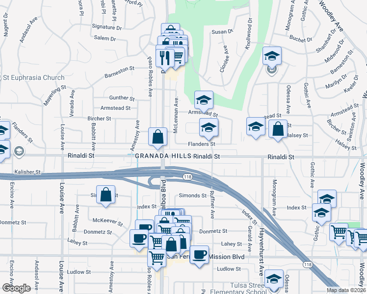 map of restaurants, bars, coffee shops, grocery stores, and more near 16914 Flanders Street in Los Angeles