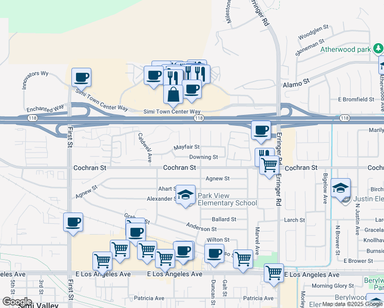 map of restaurants, bars, coffee shops, grocery stores, and more near 1569 Downing Street in Simi Valley