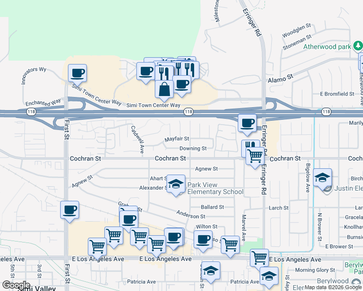 map of restaurants, bars, coffee shops, grocery stores, and more near 1569 Downing Street in Simi Valley