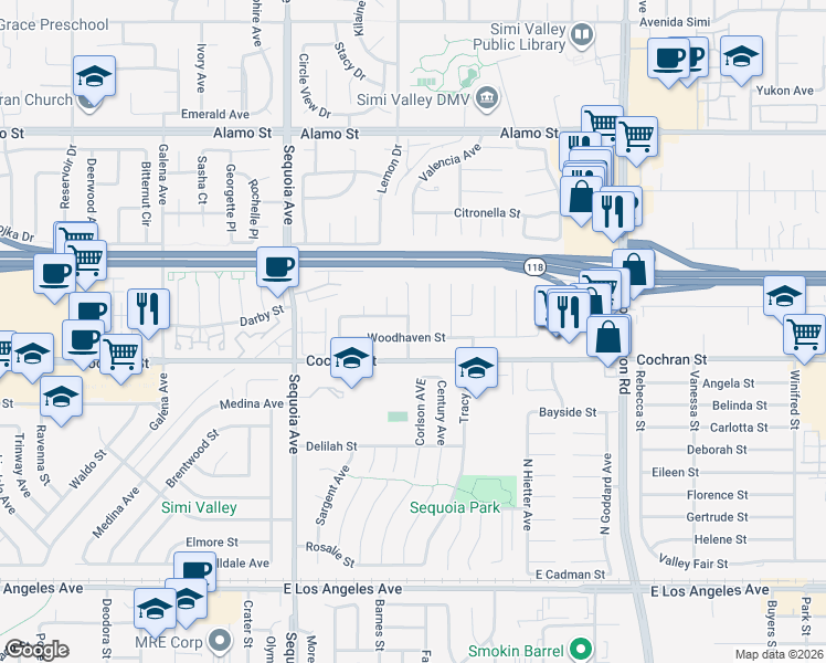 map of restaurants, bars, coffee shops, grocery stores, and more near 3607 Woodhaven Street in Simi Valley