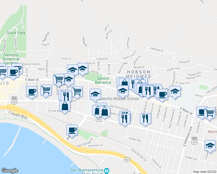 map of restaurants, bars, coffee shops, grocery stores, and more near 0 Lincoln Drive in Ventura