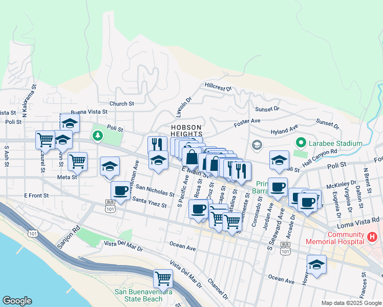 map of restaurants, bars, coffee shops, grocery stores, and more near 1793 Evans Avenue in Ventura