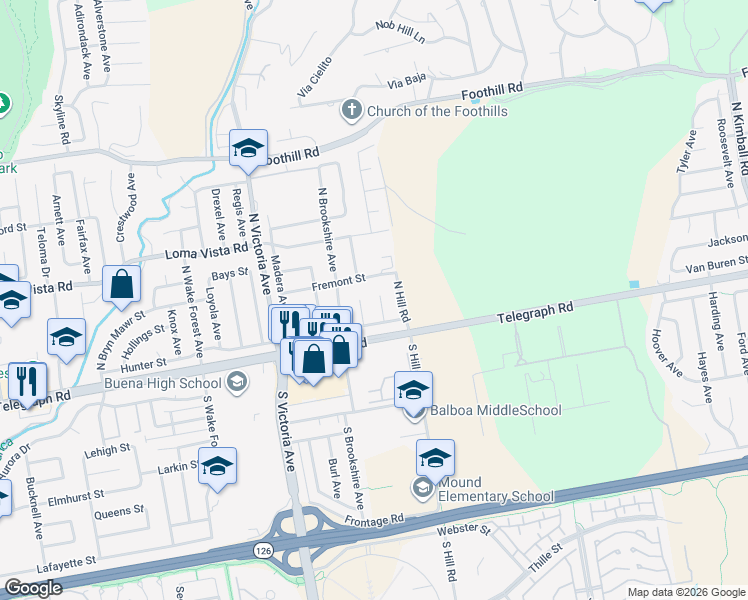 map of restaurants, bars, coffee shops, grocery stores, and more near 71 Mount Whitney Court in Ventura