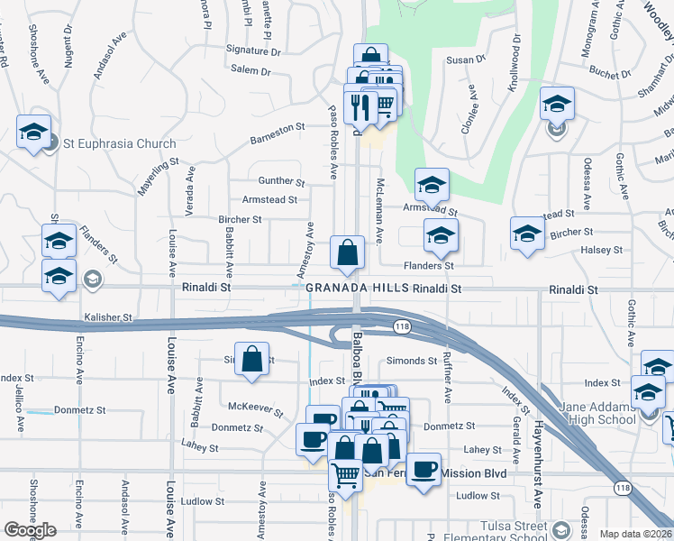 map of restaurants, bars, coffee shops, grocery stores, and more near 17019 Rinaldi Street in Los Angeles