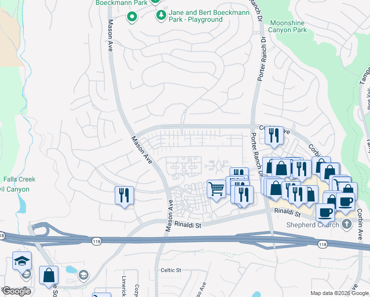 map of restaurants, bars, coffee shops, grocery stores, and more near 20218 Pienza Lane in Los Angeles