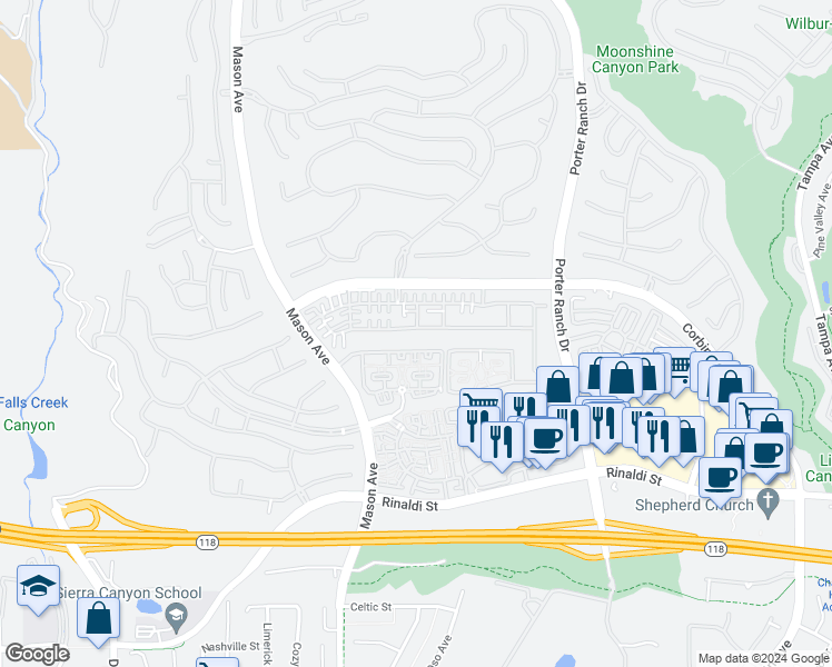 map of restaurants, bars, coffee shops, grocery stores, and more near 20200 Pienza Lane in Los Angeles