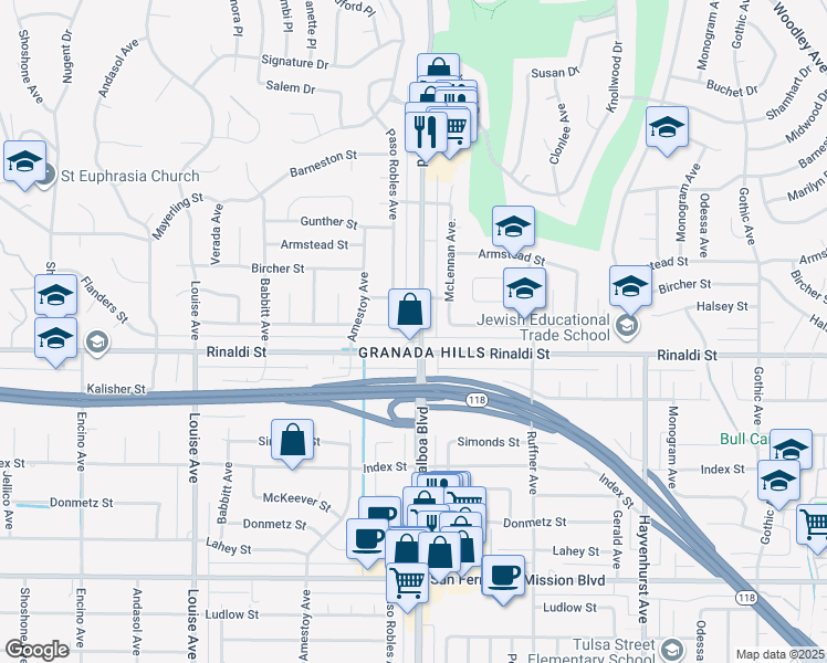 map of restaurants, bars, coffee shops, grocery stores, and more near 17019 Rinaldi Street in Los Angeles