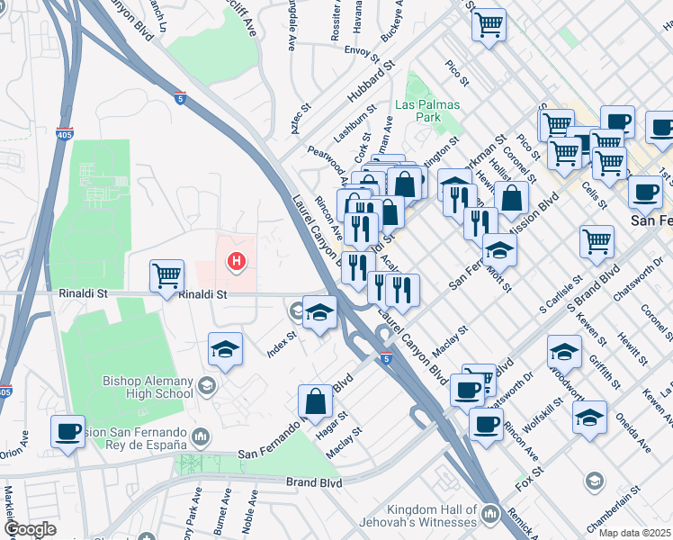 map of restaurants, bars, coffee shops, grocery stores, and more near 11565 Laurel Canyon Boulevard in San Fernando