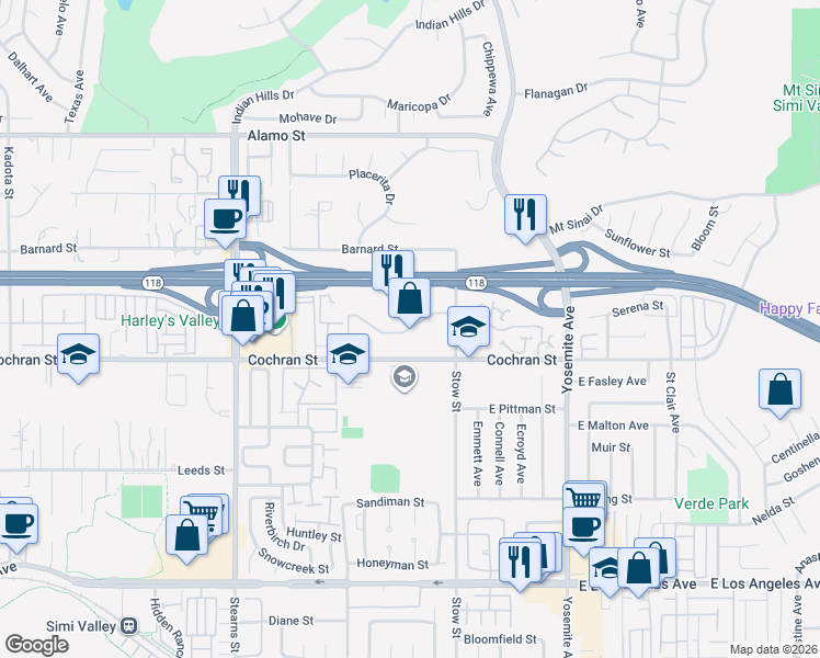 map of restaurants, bars, coffee shops, grocery stores, and more near Shady Oak Ln in Simi Valley