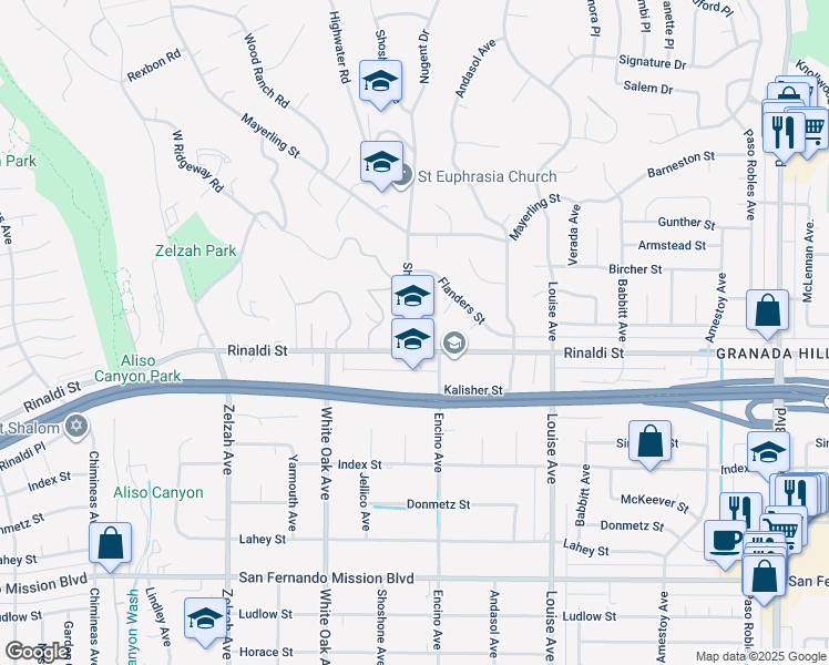 map of restaurants, bars, coffee shops, grocery stores, and more near 17531 Rinaldi Street in Los Angeles