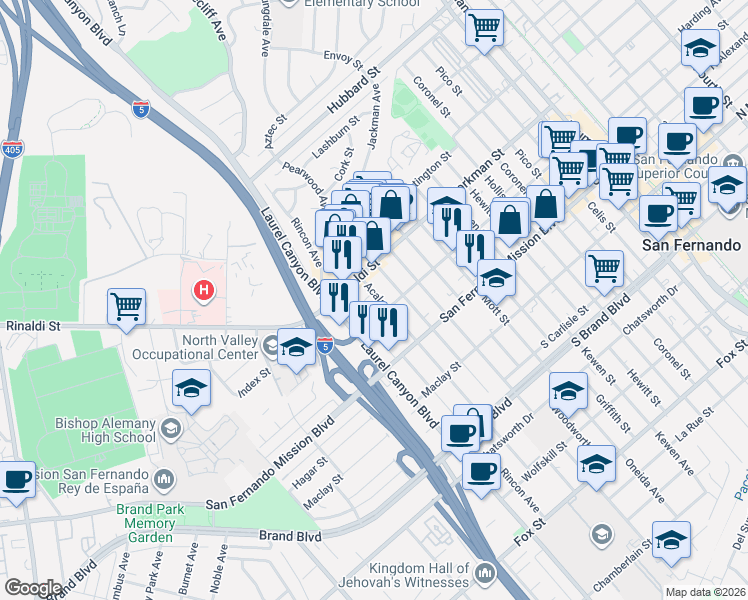 map of restaurants, bars, coffee shops, grocery stores, and more near 14670 Harding Street in San Fernando