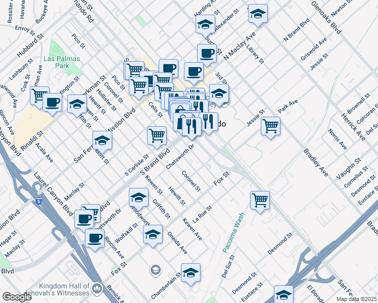 map of restaurants, bars, coffee shops, grocery stores, and more near in San Fernando