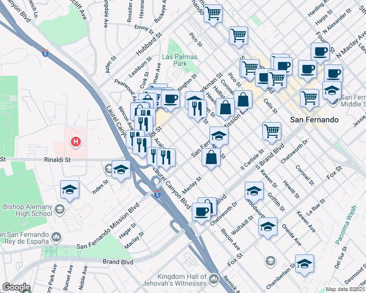 map of restaurants, bars, coffee shops, grocery stores, and more near 11516 1/2 Amboy Avenue in San Fernando