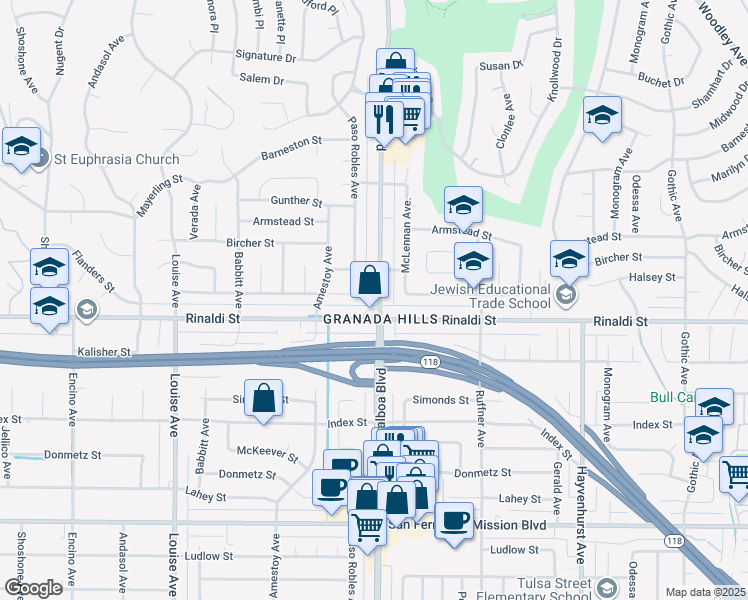 map of restaurants, bars, coffee shops, grocery stores, and more near 17019 Rinaldi Street in Los Angeles