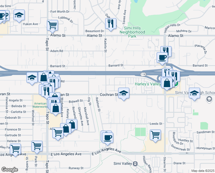 map of restaurants, bars, coffee shops, grocery stores, and more near in Simi Valley