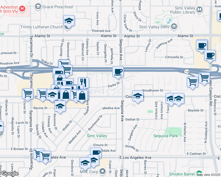 map of restaurants, bars, coffee shops, grocery stores, and more near 3318 Darby Street in Simi Valley