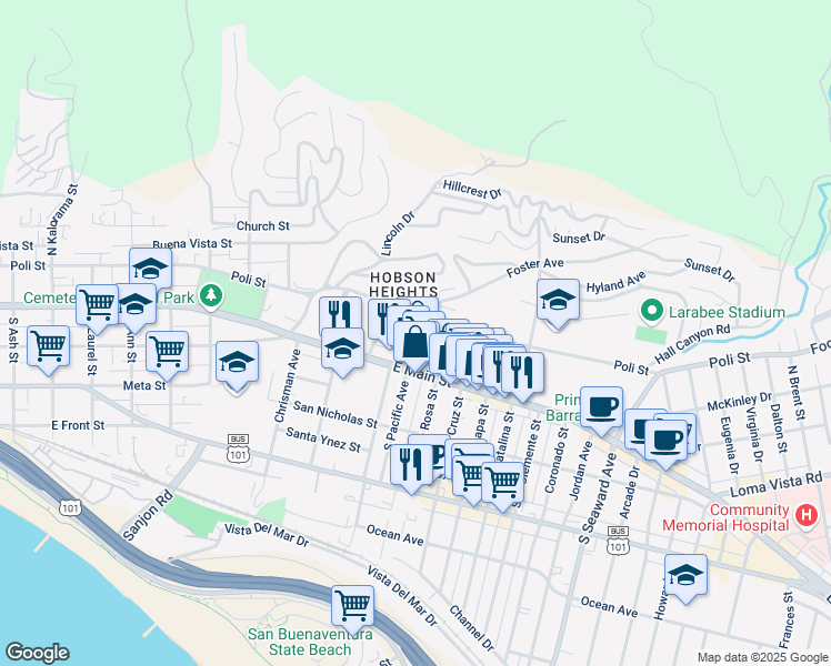 map of restaurants, bars, coffee shops, grocery stores, and more near 62 North Pacific Avenue in Ventura