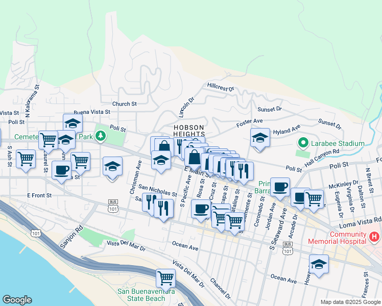 map of restaurants, bars, coffee shops, grocery stores, and more near 1729 East Main Street in Ventura
