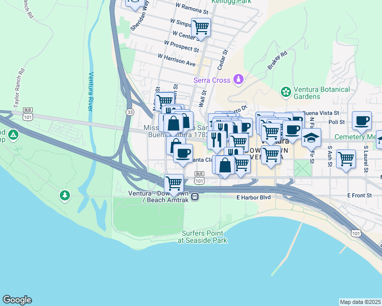 map of restaurants, bars, coffee shops, grocery stores, and more near 425 Junipero Street in Ventura