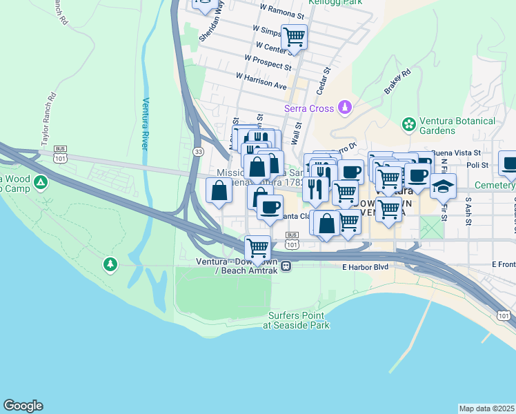 map of restaurants, bars, coffee shops, grocery stores, and more near 123 South Ventura Avenue in Ventura